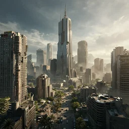 photograph of a post apocalyptic city, photorealism, rendered in unreal, wide angle lens, 8 k, dystopian, cinematic lighting, movie poster, concept art, highly detailed