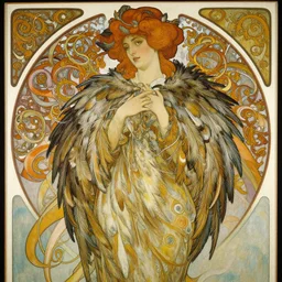 a beautifull intricate painting of a woman wearing a feathered cloak surrounded by tendrils, vivid colors, artstation, by jeremy mann, by alphonse mucha,