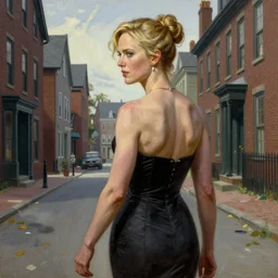 back view of charlize theron as investigiator walking down street in arkham town, female, detailed face, gorgeous, amazing, new england architecture, 1920 style, intricate, highly detailed, musculine, lovecraft illustration, painting by Gaston Bussiere, Craig Mullins