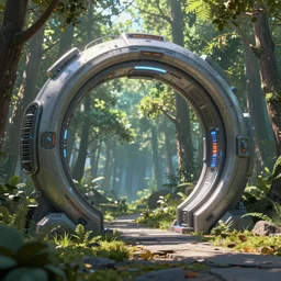 Big round futuristic cyberpunk gateway in centre forest, trending on artstation, 30mm, by Noah Bradley