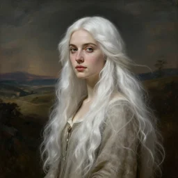 dramatic portrait by john everett millais of a beautiful young woman with long flowing white hair. high fantasy landscape in the background,