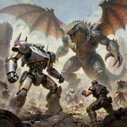an incredible fantastical painting of an epic battle : robot vs kaiju! large robotic mech piloted by a human pilot vs titanic creature monster scaly lizard like with wings and tentacles and a monster. they battle in the middle of a city | city destroyed giants in big fight sci fi horror action fantasy kaiju | by greg rutkowski and greg staples with james gurney | hyperrealism artwork beautiful detailed painting | trending on artstation