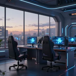 gaming room in 2 0 4 0, scifi, futuristic, technology, computer, large window, evening, illuminated, highly detailed, artstation, by eutimio garcia