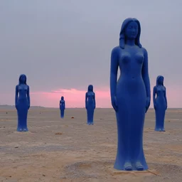 a desert of giant blue ceramic statues of woman in a barren desert in ominous blue light, overcast, pink light on the horizon by john martin and thomas kinkade