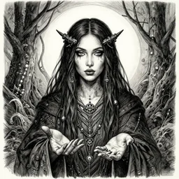 mysterious portrait of a voodoo shaman, occult, magical realism, spiritualistic seance, pen and ink illustration by daniel martin diaz, symmetry, artstation, ultrarealistic, 8 k