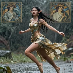 hyper-realistic portrait of beautiful high-fantasy elf girl prancing drenched in the rain, intricate details, rule of thirds, by Stanley Artgerm Lau, by greg rutkowski, by thomas kindkade, by alphonse mucha, loish, by norman rockwell J.