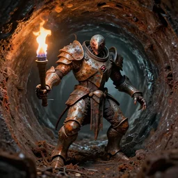 airbrush macro insect viscera | as god |, curved rust chaos dystopic armor, wedged in necrotic metal sewer tunnel, chris foss, enric torres, alberto bontempi, feng zu hyper realism, narrative light, grimy colors, epic, hyper detailed, awe inspiring, award winning horror, torch lighting, hyper realism, cinematical