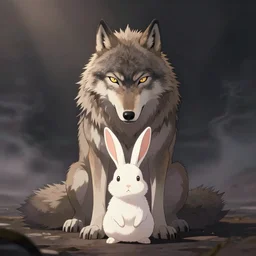 A wolf in love with a rabbit, anime, detailed, symmetric lights and smoke, symmetrical composition, cinemática, hyper realism, 8k, octane render, 8k