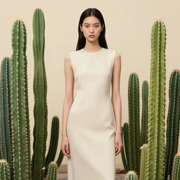 extremely detailed studio portrait of a fashion model standing behind a cactus garden. surreal photograph, lo - fi, polished look, solid background, silly and serious, hermes ad, fashion photography, toiletpaper magazine by pierpaolo ferrari and maurizio cattelan, 3 5 mm photograph, colourful, david lachapelle, canon eos c 3 0 0, 8 k, medium - format - print