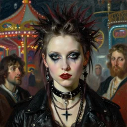 close up portrait of a punk goth girl in a futuristic retrowave carnival venezia by ellen von unwerth, oil painting by canaletto hieronymus bosh leonardo da vinci piero della francesca botticelli
