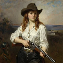 a vintage portrait painting of a gunslinger fantasy lady, highly detailed, art by tristan eaton and artgerm and william - adolphe bouguereau