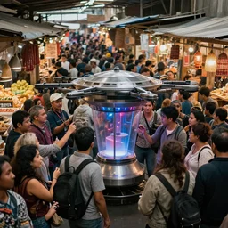 teleportation machine in a crowded marketplace, with people haggling and bargaining all around you