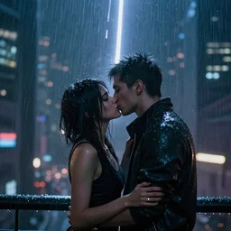 couple, cyberpunk, cinematic, digital art, high resolution, kissing in the rain, with meteor shower, video game