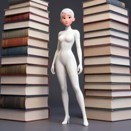 full body pose, beautiful adult fairy, pixar, short white hair shaved sides, white shiny latex, stacks of giant books, highly detailed, 4 k, hdr, smooth, sharp focus, high resolution, award - winning photo, artgerm, photorealistic