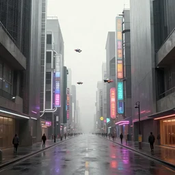 photorealistic streetscape, simple brutalist architecture, metal, concrete, wet streets, white neon lights, colorful neon signs, flying vehicles, pedestrians, syd mead, ralph mcquarrie, doug chiang, concept art, matte painting, finely detailed, minimal artifacts, rule of thirds, dynamic lighting, cinematic, denoised, centered, artstation