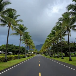 a road in hawai with palm trees on the sides with dark rainy beautiful clouds
