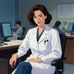 a ultradetailed beautiful portait panting of a stylishfemale doctor, she is sitting in an office at night, by ilya kuvshinov, greg rutkowski and makoto shinkai