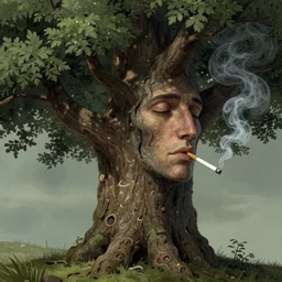 illustration of of a tree with a human face, it's smoking a cigarette, high detail, fantasy illustration by angus mcbride, trending on artstation