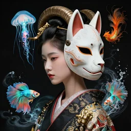 3 d goddess close - up profile portrait biomechanics with ram skull. beautiful intricately detailed japanese crow kitsune mask and clasical japanese kimono. betta fish, jellyfish phoenix, bio luminescent, plasma, ice, water, wind, creature, artwork by tooth wu and wlop and beeple and greg rutkowski. black color, gold color, teal color, orange color
