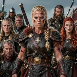 Official photo of a majestic fierce viking woman, leader, fear, scarred, highly detailed, viking attire, cinematic, 8k, 1080s, by Stanley Artgermm, Tom Bagshaw, Greg Rutkowski, Vincent di Fate, Carne Griffiths, Ayami Kojima, trending on DeviantArt, hyper detailed, full of color, digital art,