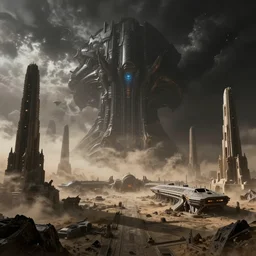 bleak exoplanet landscape, massive abandoned alien tech, black mos eisley spaceport in a dust storm with skeletal temple buildings designed by hr giger, black clouds, hyper realistic octane render, hd, cinematic, george lucas