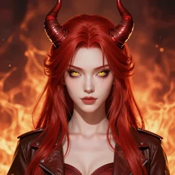 masterpiece character portrait of a pale redheaded demoness with yellow eyes and horns wearing a jacket, fiery background, color page, 4 k, full original resolution, tone mapping, mizuryuu kei, akihiko yoshida, pixiv, 巨 乳, visual novel cg