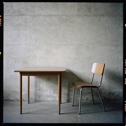 kodak portra 4 0 0, 8 k, highly detailed, britt marling style, award winning colour still - life portrait of a rough concrete wall, square picture frame. a minimalistic 1 9 4 0 s table and a minimalistic 1 9 4 0 s chair on the floor, sloping angle