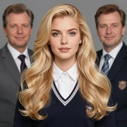 portrait of a blonde woman with long, voluminous hair, wearing a school uniform, by donato giancola and nikolay makovsky.