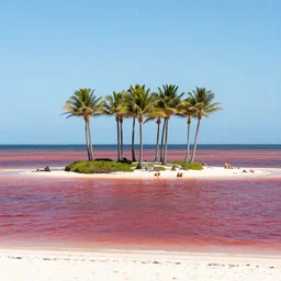 photo of an island with palm trees in the middle of the sea of red water, people sunbathing, white sand