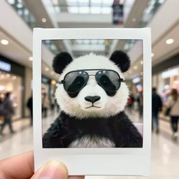 super awesome head to shoulder portrait polaroid film photograph of a panda in a mall wearing aviator shades. super resolution. surreal. extremely detailed. polaroid 6 0 0 film. by annie leibovitz and richard avedon