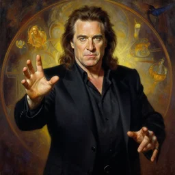 attractive danny devito, casting dark magic, summoning handsome lucifer morningstar, highly detailed painting by artgerm and greg rutkowski and alphonse mucha