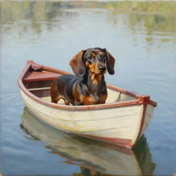cute dachshund in a row boat, detailed painting, weiner dog, oil on canvas, adorable, reflective water, wide angle shot, very detailed