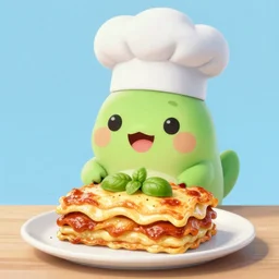 cute platypus wearing a chef hat and holding a lasagna with three basil leaves over the lasagna