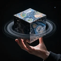 man holding a cube that warps spacetime into itself