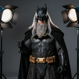 a photo of gandalf dressed as batman, 30mm sigma lens, studio lighting, HD