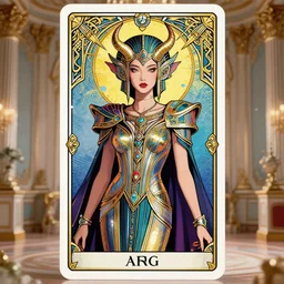 elden ring empress demon, innovative avant - garde art, deco fashion, asian women, photorealistic portrait, vaporwave, crisp quality and light reflections, inside a rococo room, transcendent, vibrant color, clean linework, finely detailed, tarot card with ornate border frame, 4 k, trending on artstation, volumetric lighting, octane render