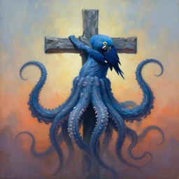 painting of cross between blue macaw & cthulhu, intercrossed animal with tentacles, by zdzislaw beksinski, by tiffany bozic, cold hue's, warm tone gradient background, concept art, beautiful composition, digital painting,