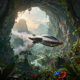 a photo of futuristic flying spaceship hurtling through a lush prehistoric jungle cave, leaving a trail of smoke, mountains, vines, water, scattered red and blue flowers, sunrise, lush flora, beautiful artwork, volumetric lighting, haze, hyperrealistic, 8 k