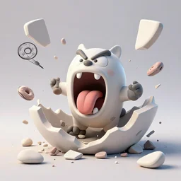 dissection of funny, angry screaming with tongue out ceramic exploding crash miniature toy resin Figure clay animal falling apart 8K, c4d, 3d primitives, in a Studio hollow, surrounded by flying parts, explosion drawing, by pixar, beeple, by jeff koons, blender donut tutorial