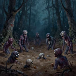 zombies stuck in quicksand in the swamp at night, painting