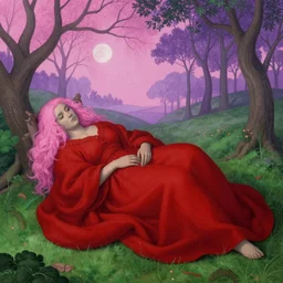 a painfully early morning, Hieronymus Bosch style, pink, red, purple, green, 8k