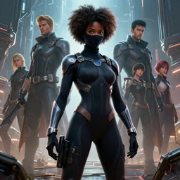 highly detailed an african american woman in with the shadow ninja cibor suit from the future gta v, stephen bliss, unreal engine, fantasy art by greg rutkowski, loish, rhads, ferdinand knab, makoto shinkai and lois van baarle, ilya kuvshinov, rossdraws, tom bagshaw, global illumination, radiant light, detailed and intricate environment