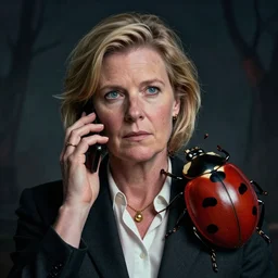one singular portrait call lindsey graham and a giant ladybug from nightmares. highly detailed, digital training, cinematics, hyper realistic. dark retrowave. by stanley lau