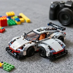 a futuristic toy car on carpet next to legos, macro, dslr