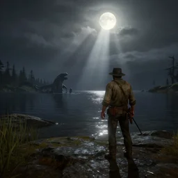 red dead redemption 2 screencap, loch ness monster in flat iron lake, ultra graphics, 4 k image, dusty, light beams,, at night, moonbeams