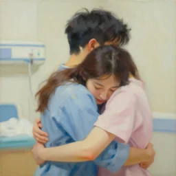 a young couple hugging in an ospital. painting