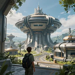 “looking out over a vista. In the distance is a large structure in the style of a Destiny 2 skybox”