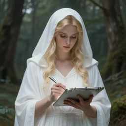 portrait of the goddess of memory writing on a silver tablet in a forest, white hood, white dress, blonde, fantasy, magical, spiritual, detailed and intricate, elegant, majestic, highly detailed, digital painting, trending on artstation, by wlop, 4 k octane render