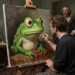 a painter in his studio painting a picture of pepe the frog, by edgar maxence and caravaggio and michael whelan and delacroix style, artistic, intricate drawing, cinematic lighting, hyper realistic, extremely detailed, establishing shot, 8 k resolution, dramatic lighting