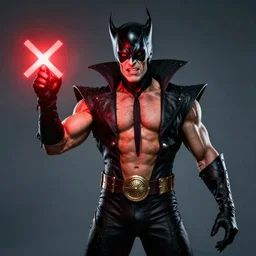 supervillain ripped physique portrait Jeremy Irons donning a bizarro costume whilst brandishing a red glowing x-ray norman rockwell jean sebastien rossbach jeff easley jen bartel